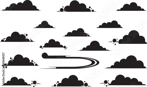 Collection of various black cloud silhouettes on white background with road