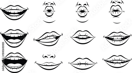 Mouth illustration, lip expression, facial contour, open mouth, closed lips, teeth detail, cartoon style, emotion icon, black vector, phonetic pose