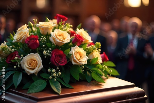 A somber arrangement of flowers sits atop a closed casket at a funeral service, conveying a sense of grief and remembrance , funeral home, prayer, comfort