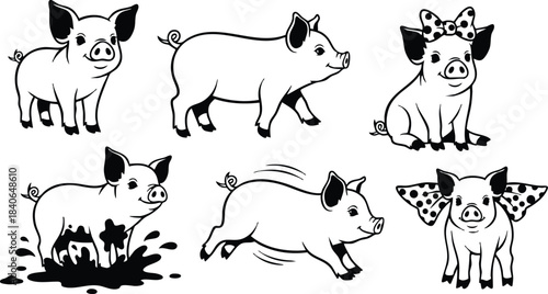 Line art playful piglet pack in six poses with mud splash running jumping sitting wearing bow looking at camera side view farm vector black white illustration