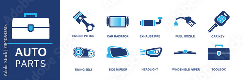 Auto parts icon set. Containing engine piston, car radiator, exhaust pipe, fuel nozzle, car key, timing belt, side mirror, headlight, windshield wiper, toolbox and more. Solid vector icons
