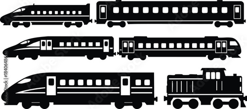 Flat design side view train silhouettes showing high speed bullet commuter car passenger cars and vintage steam locomotive isolated black vector art aerodynamic noses transport icons