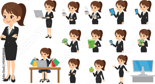 Professional woman, cartoon character, business suit, daily activities, holding laptop, coffee, smartphone, cash, tablet, confident pose, vector illustration
