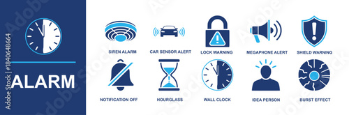 Alarm icon set. Containing siren alarm, car sensor alert, lock warning, megaphone alert, shield warning, notification off, hourglass, wall clock, idea person, burst effect and more. Solid vector icons