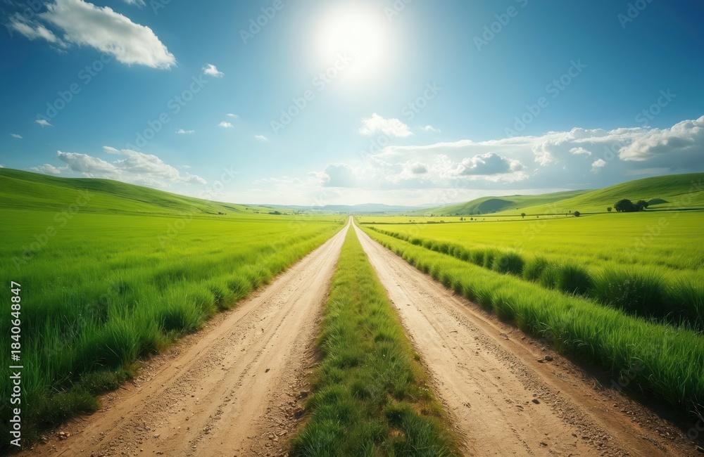 Obraz premium Long dirt road stretches straight through vibrant green fields. Rolling hills surround empty rural landscape under bright blue sky with sun, clouds. Peaceful country scene suggests travel, new paths,