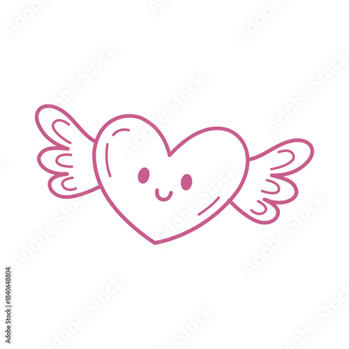 Cute Hand Drawn Valentine Heart with Wings Doodle Illustration