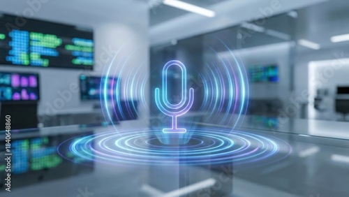 Neon microphone icon with sound waves, representing voice control and audio technology