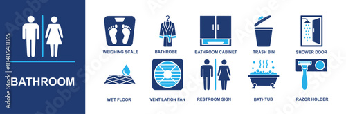 Bathroom icon set. Containing weighing scale, bathrobe, bathroom cabinet, trash bin, shower door, wet floor, ventilation fan, restroom sign, bathtub, razor holder and more. Solid vector icons