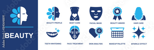 Beauty icon set. Containing beauty profile, body care, facial mask, beauty award, hair care, teeth whitening, face treatment, skin analysis, makeup palette, sparkle effect and more. Solid vector icons