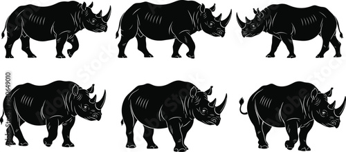 Rhinoceros silhouette, black vector, animal shape, wildlife icon, horned mammal, walking pose, nature design, safari art, African species, illustration