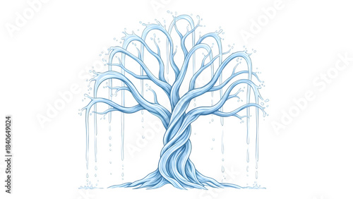 Abstract ice tree sculpture with dripping water isolated on transparent background