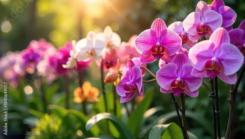 A vibrant display of diverse orchids blooming in a meticulously maintained flowerbed Sunlight dapples the delicate petals, creating a stunning natural scene , botany, blossom