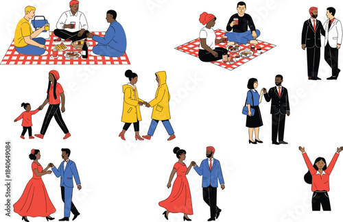 Social activity, picnic scene, people interaction, dancing, walking, handshaking, family moment, outdoor gathering, stylized illustration, colorful characters, relationship concept