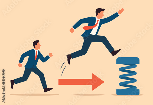 Competitive advantage or innovation to outsmart and overtake business winning, strategy or smart way to win business or jumping springboard to outsmart competitor.