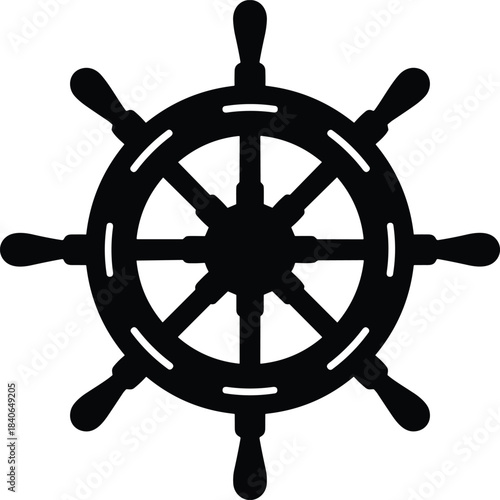 Black silhouette of a ship's steering wheel with eight spokes helm nautical