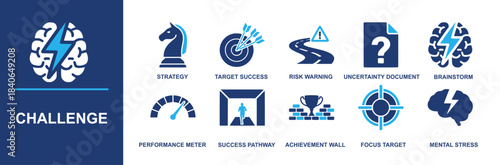 Challenge icon set. Containing strategy, target success, risk warning, uncertainty document, brainstorm, performance meter, success pathway, achievement wall, focus target, mental stress and more. Sol