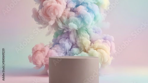 Soft Pastel Color Cloud Behind Minimal Round Pedestal for Elegant Product Display