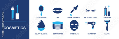Cosmetics icon set. Containing hand mirror, lips, serum dropper, false eyelashes, lip gloss, beauty blender, cotton pads, face mask, hair dryer, razor and more. Solid vector icons