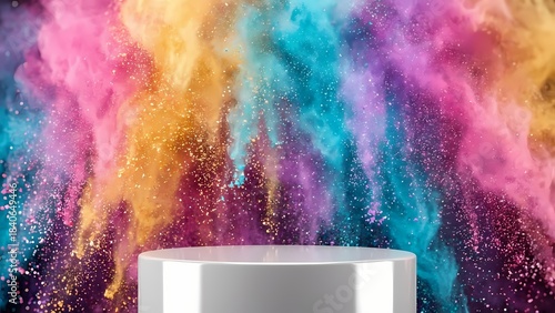 Vibrant Holi Color Powder Explosion Background with White Pedestal for Product Display