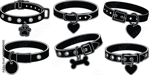 Sticker sheet vector set of six pet collars with paw heart bone and round tags close up flat silhouette icons for branding adjustable buckle detail monochrome