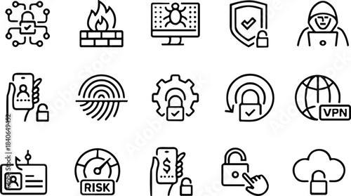 Cybersecurity and Data Protection Line Icons Set, Internet Security Technology Vector Symbols for Network Safety, Digital Privacy, Hacking Prevention, and Secure Connection Concepts.