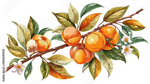 Very beautiful watercolor illustration of a vibrant orange branch featuring juicy fruits and delicate blossoms, painted in soft natural tones. Ideal for botanical vector art, food packaging, and fresh