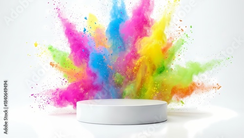 Vibrant Holi Color Powder Explosion Background with White Pedestal for Product Display