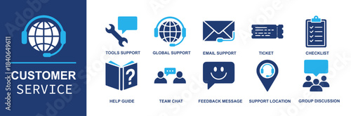 Customer service icon set. Containing tools support, global support, email support, ticket, checklist, help guide, team chat, feedback message, support location, group discussion and more. Solid vecto