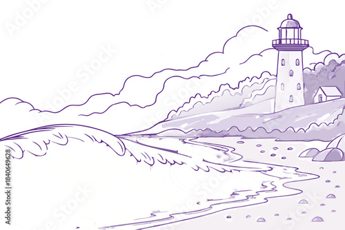 Fantasy moonlit coastline with purple waves, glowing shells, and soft blue-white reflections on wet sand, transparent background.