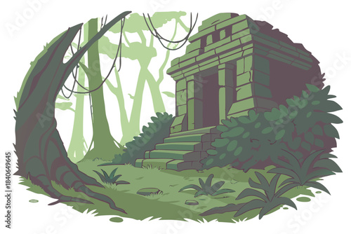 Hyper-real jungle temple ruins with glowing vines, saturated greenery, and magical light streams breaking through the canopy, transparent background.”