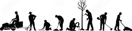 Gardening and Landscaping People Silhouettes Set, Yard Work, Planting Trees, Mowing Lawn, Raking Leaves, and Outdoor Maintenance Vector Symbols for Home and Professional Concepts.