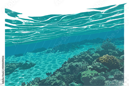 Hyper-real tropical paradise with crystal-clear glowing water, colorful corals visible under the surface, and vivid sunbeams, transparent background.