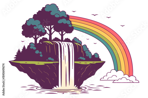 Ultra-colorful floating crystal island with glowing waterfalls, rainbow mist, and hyper-real foliage textures, transparent background.