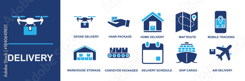 Delivery icon set. Containing drone delivery, hand package, home delivery, map route, mobile tracking, warehouse storage, conveyor packages, delivery schedule, ship cargo, air delivery and more. Solid