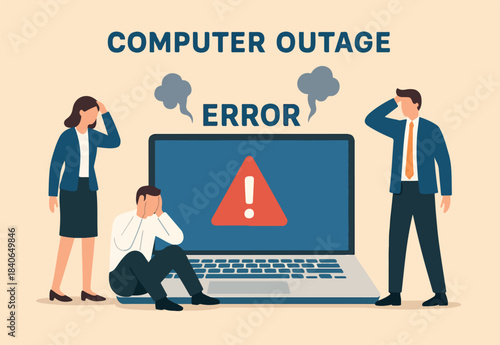 Computer outage, error or failure causing by software update mistake, operating system crash or cyber attack, server down or technical issue concept, people victims looking at computer laptop outage.