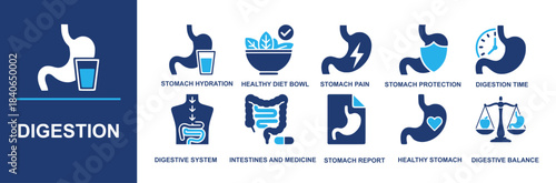 Digestion icon set. Containing stomach hydration, healthy diet bowl, stomach pain, stomach protection, digestion time, digestive system, intestines and medicine, stomach report, healthy stomach, diges