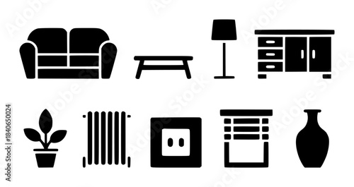 Black and white line of living room furniture and fixtures sofa bench