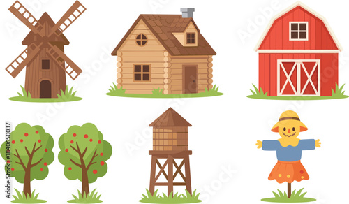 Farm village illustration set with barn, windmill, log house, apple trees, water tower, scarecrow, countryside agriculture elements, rural homestead vector design