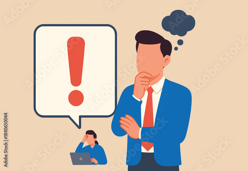 Concern or doubt to make decision, worried for problem or issue, attention or challenge ahead, distrust or trouble concept, businessman holding exclamation mark sign with concern to solve problem.