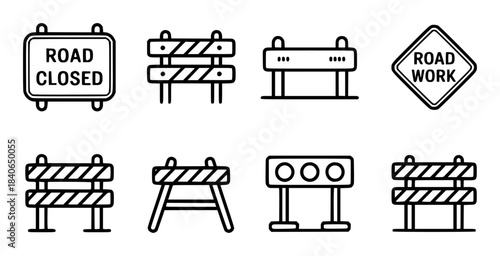 Black and white line of road closure and construction signs and barriers closed work