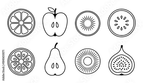 Black and white line of various fruit cross sections fruits crosssections