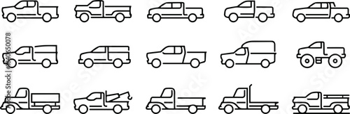 Pickup Trucks and Light Commercial Vehicles Line Icons Set, Transportation, Utility, Off-Road, Towing, Cargo, and Flatbed Vector Symbols for Automotive, Delivery, and Hauling Concepts.
