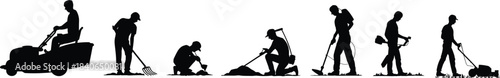 Lawn Care and Gardening Services People Silhouettes Set, Grass Mowing, Weeding, Trimming, Digging, and Yard Maintenance Vector Symbols for Professional Landscaping Concepts.