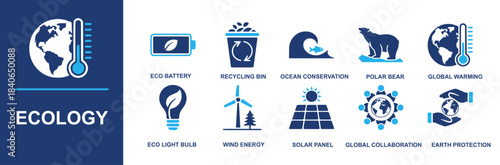 Ecology icon set. Containing eco battery, recycling bin, ocean conservation, polar bear, global warming, eco light bulb, wind energy, solar panel, global collaboration, earth protection and more. Soli