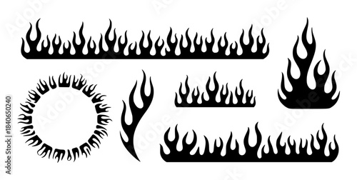Black Flame Shapes Collection Silhouette on White Background flames fire