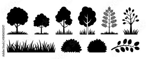 Black Silhouettes Of Various Trees Shrubs And Grass Clippings Isolated On White