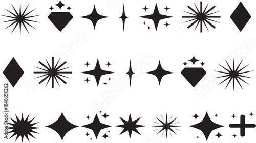 Collection of various black starburst shapes and symbols on white background
