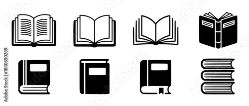 Eight black and white open and closed book in various styles books