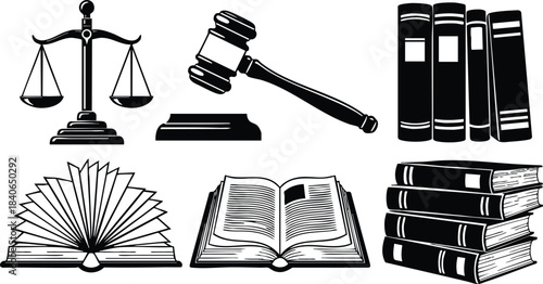 Line art close up balanced scales and angled gavel on gavel block with open fanned book and stacked law books for legal study monochrome minimal illustration