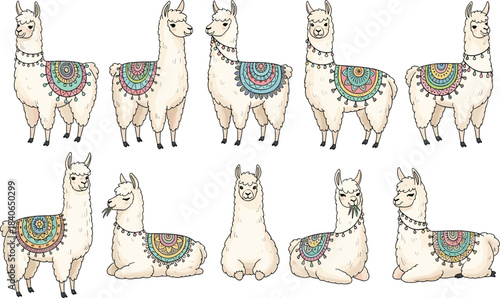 Cute llama and alpaca illustration set with decorative saddles, detailed hand-drawn boho designs, standing and sitting poses, South American animal vector collection